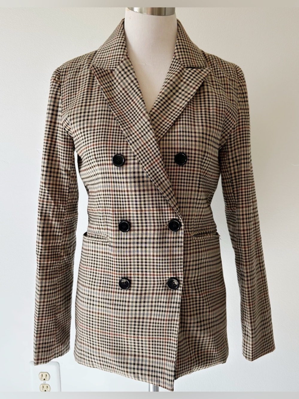 Polly Tan Plaid Academia Brown Blazer Tortoise Buttons Heritage Preppy size 4